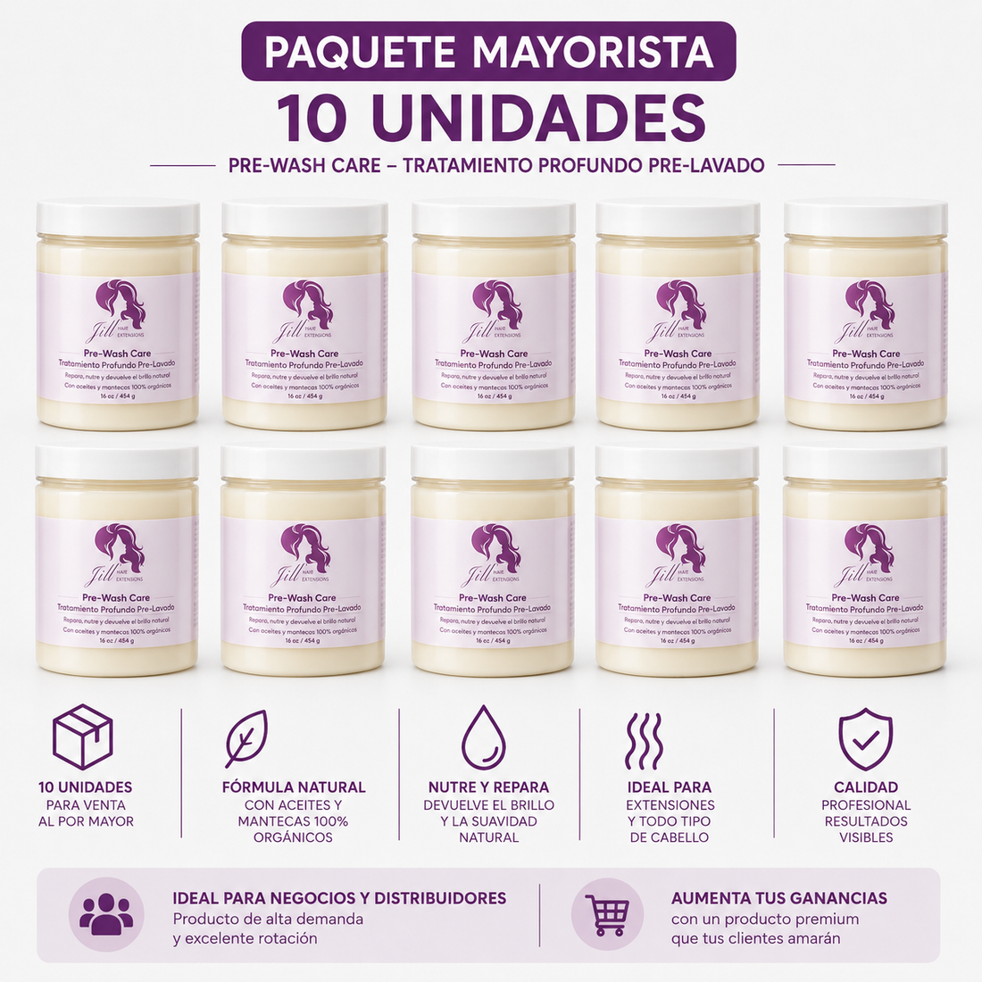 Pre-wash care by Jill hair extensions     Paquete de 10 para negocios