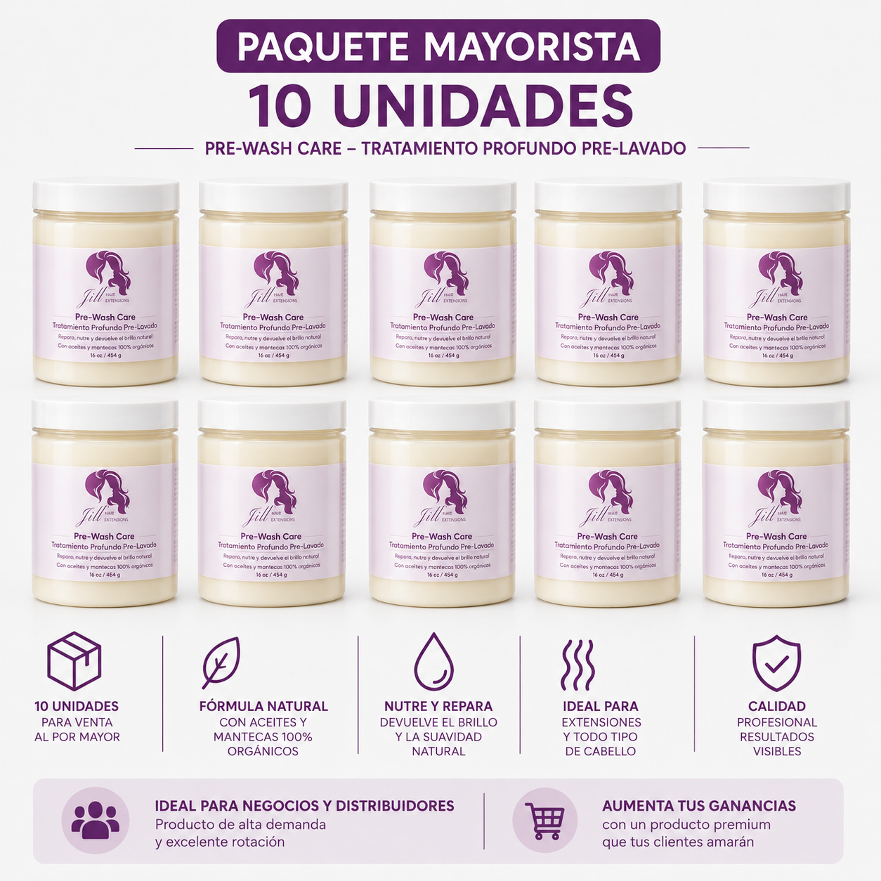 Pre-wash care by Jill hair extensions     Paquete de 10 para negocios
